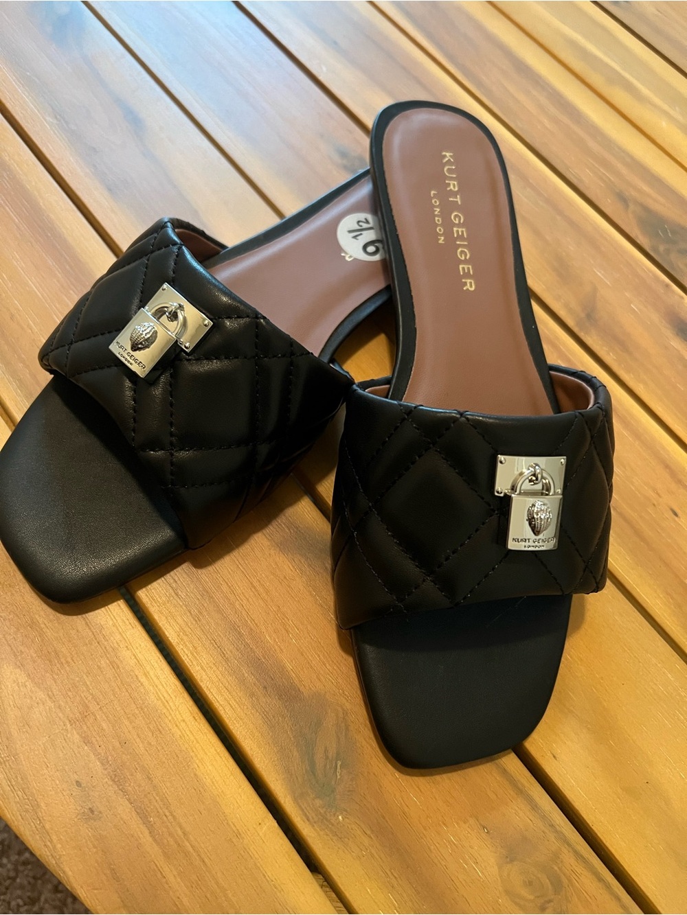 Kurt Geiger Black  BRIXTON Quilted Slide Sandals with Silver Padlock